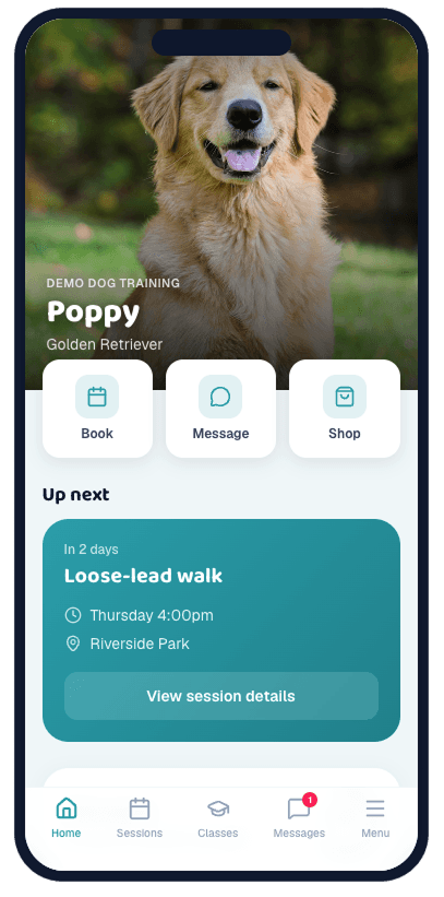 PupManager client app on a phone — Poppy's photo up top, Book/Message/Shop, next session and this week's homework