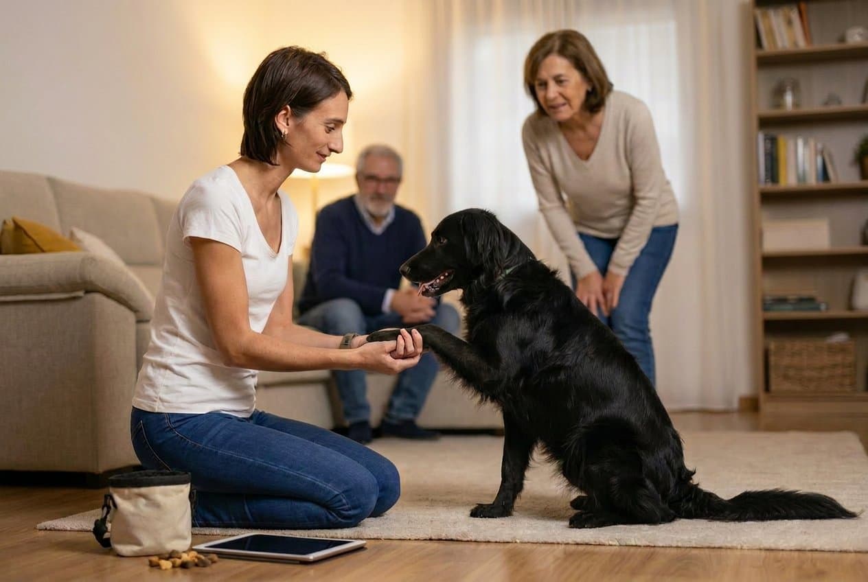 A behaviourist working calmly with a black retriever during an in-home consult while the owners watch