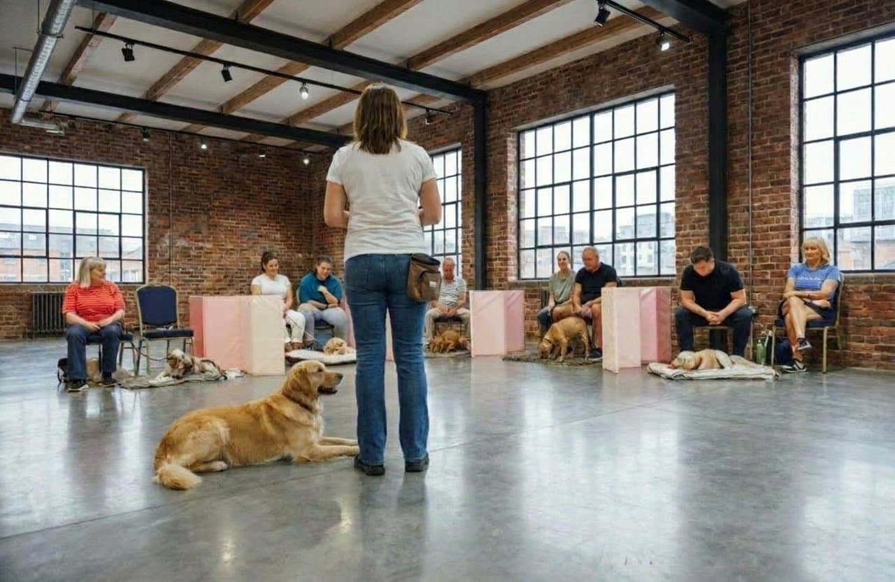 A trainer leading a group class in a brick studio, golden retriever settled at her feet