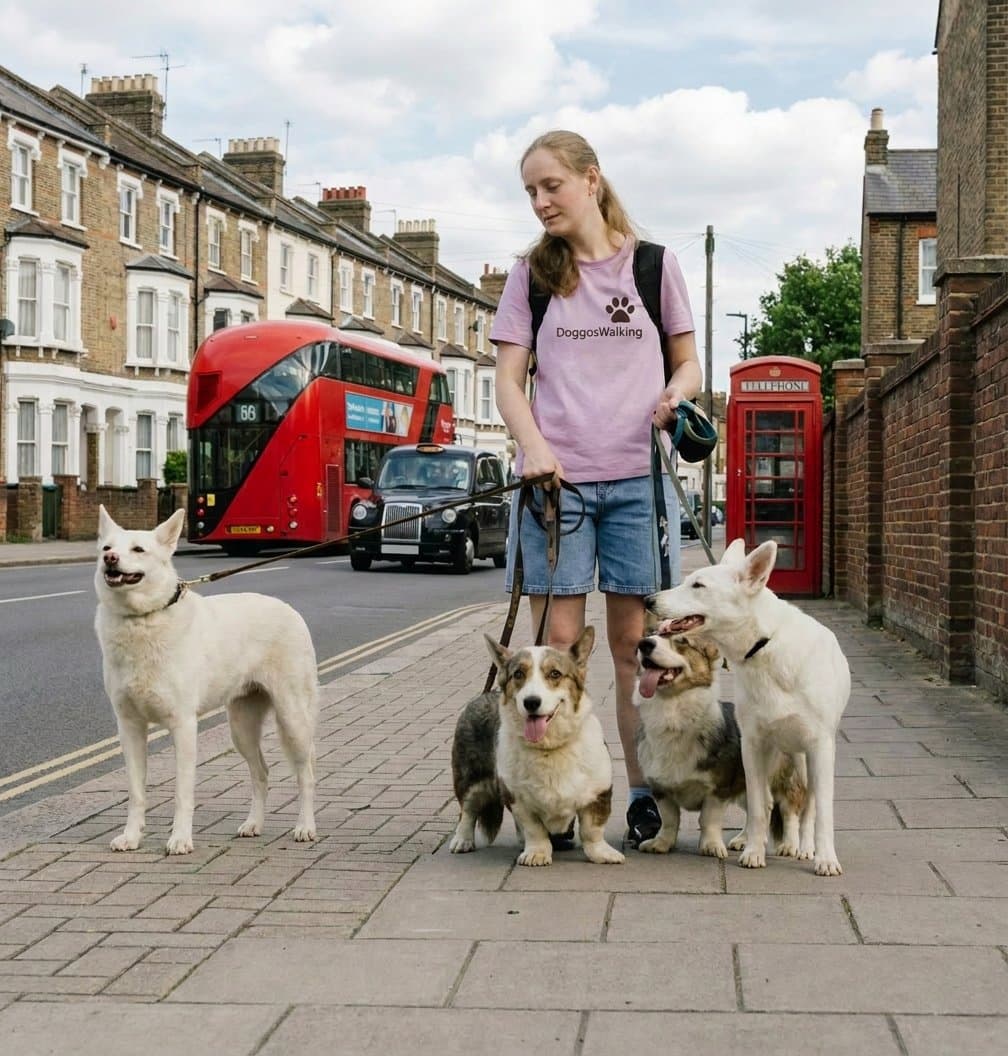 A dog walker on a London street with four dogs on leads, red bus passing behind