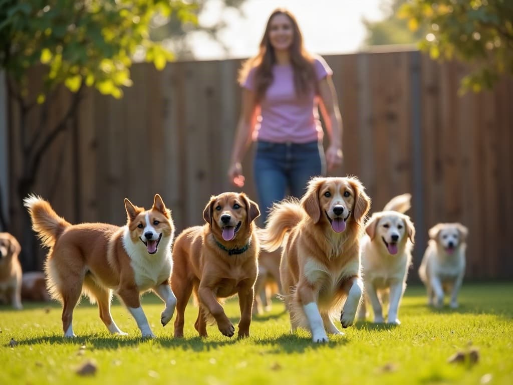 Several dogs playing together in a sunny fenced daycare yard while a handler watches